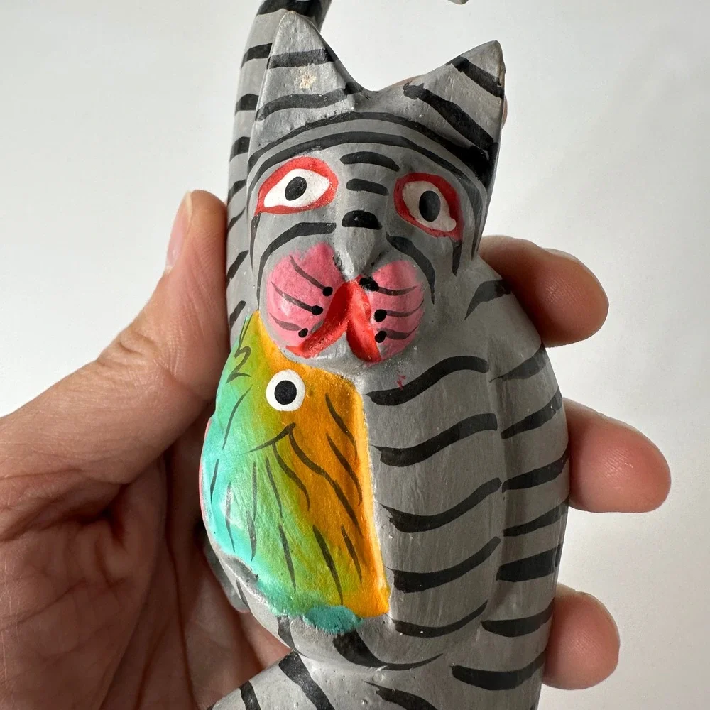 Vtg Hand Painted Grey Tabby Cat Pot Hugger Hanger Folk Art Wood Figurine Whimsy
